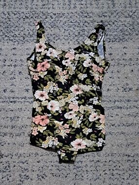 Source Unknown Black Floral One-Piece Swimsuit with Pink and Green Floral Print